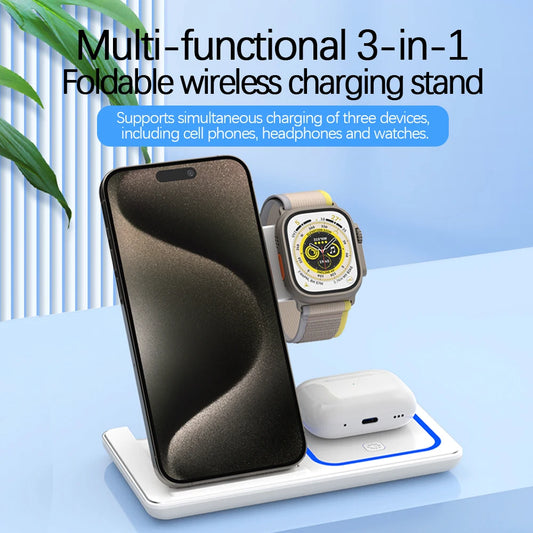 30W LED Fast Wireless Charger Stand 3 in 1 Foldable Charging Station