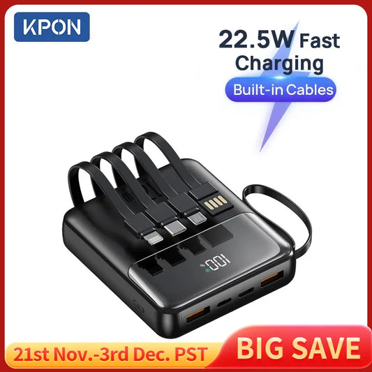 KPON 22.5W Power Bank with Built-in 4  Cables